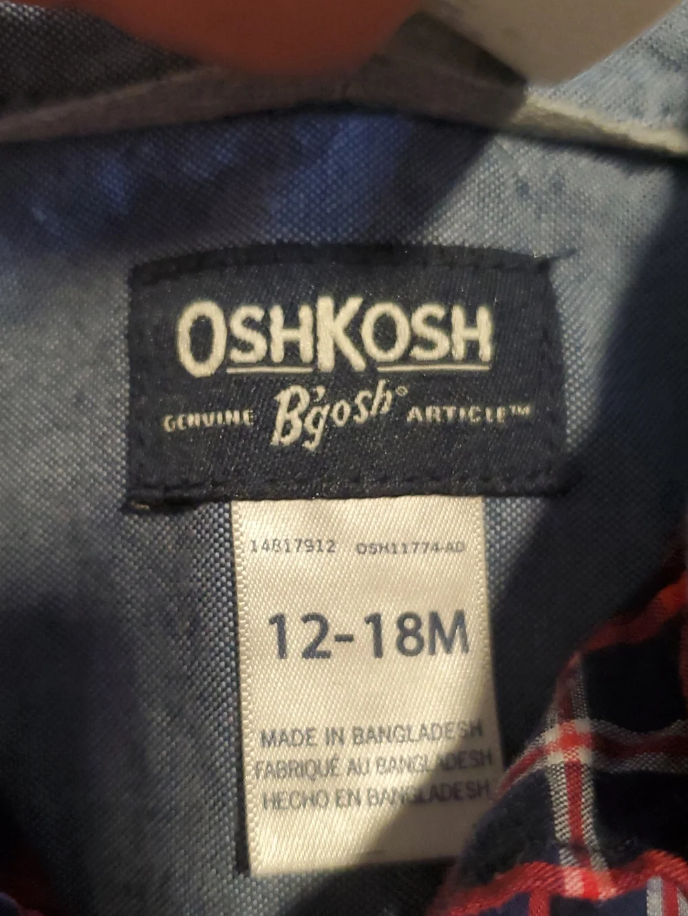 OshKosh B'gosh Navy and Red Plaid Baby Shirt, Size 12-18 M